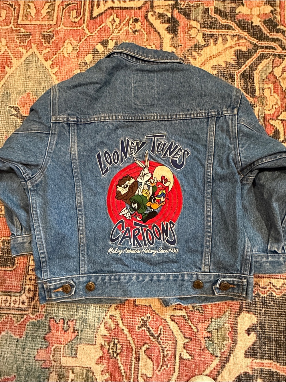Vintage 90s Warner Bros. Blue Denim Kids Jacket with Red Looney Tunes Patch